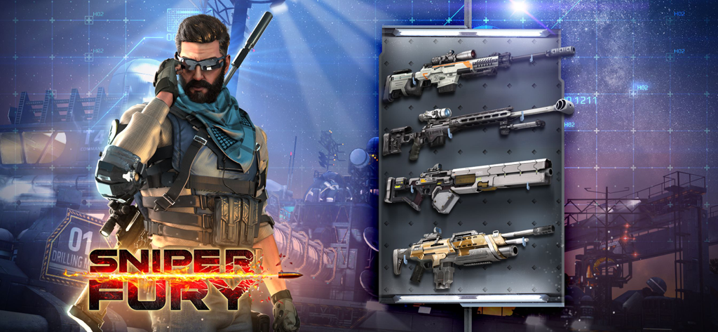 Sniper Fury: FPS Shooting Game - Sniper Fury FPS shooting game artwork featuring a tactical soldier and a collection of modern sniper rifles