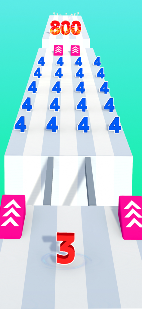 Number Run Merge Puzzle - 숫자 캐릭터가 장애물 코스를 통과하여 트랙의 다른 숫자들과 합쳐지는 3D 게임플레이 스크린샷.