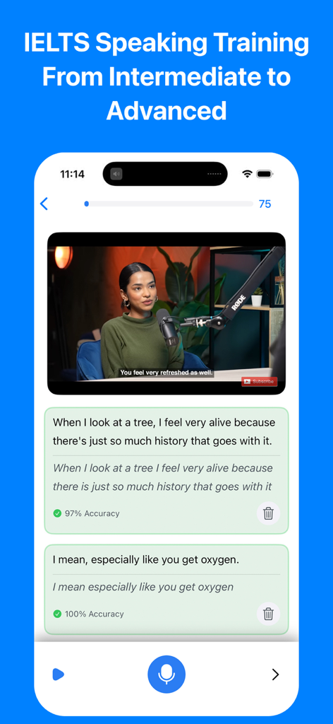 English Shadowing: Speak Pro - IELTS speaking practice screen showing video shadowing and AI accuracy scores