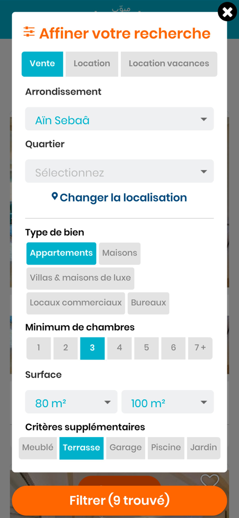 Advanced search filter screen in the Mubawab real estate app for properties in Morocco