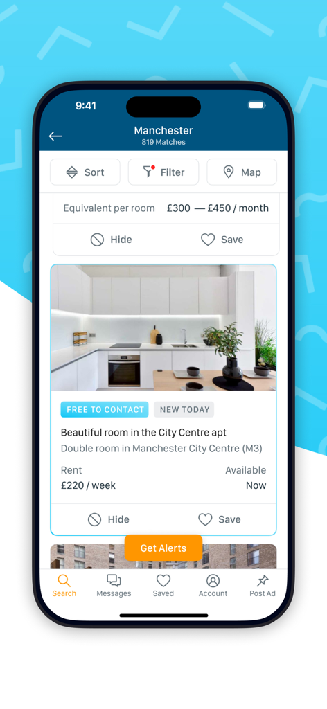 SpareRoom - SpareRoom app interface showing a room listing for a city centre apartment in Manchester