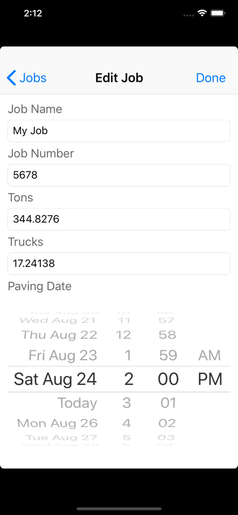 Asphalt Calculator app Edit Job screen showing job details for tonnage truck requirements and paving date