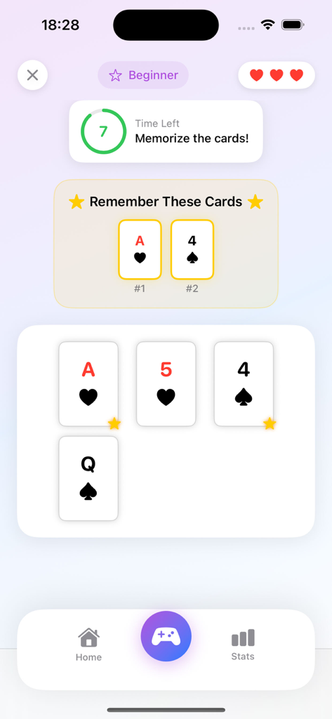 CrushPokerSync gameplay screen showing a beginner level card memory challenge with a countdown timer and cards to memorize