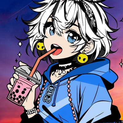 hot baddie anime girl drinking boba and biting the straw