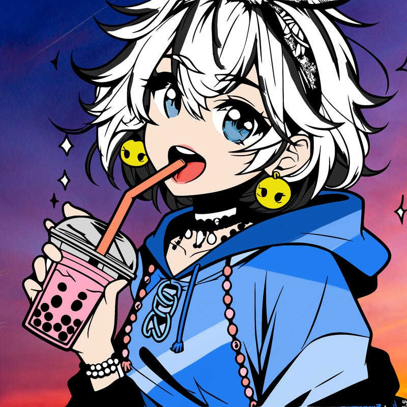 hot baddie anime girl drinking boba and biting the straw