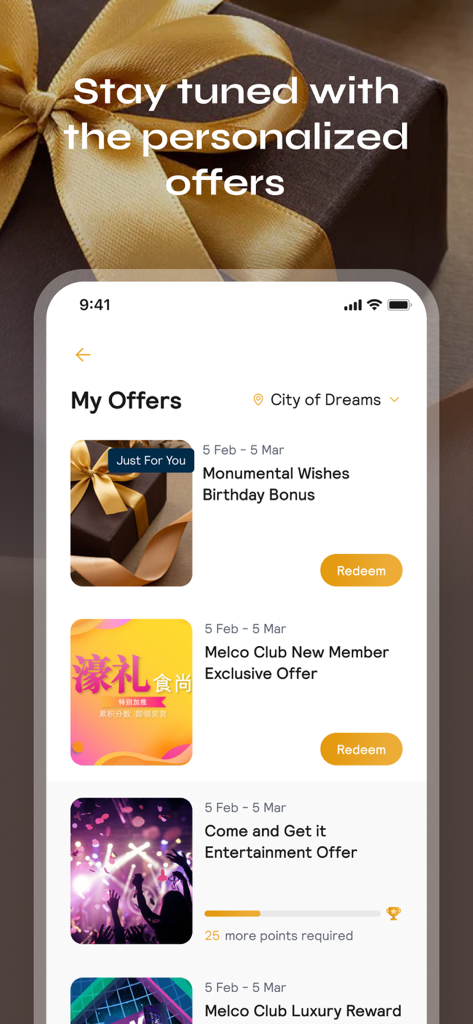 Melco Club - メルコクラブアプリのスマートフォン画面。パーソナライズされた会員特典とリワードが表示されます。