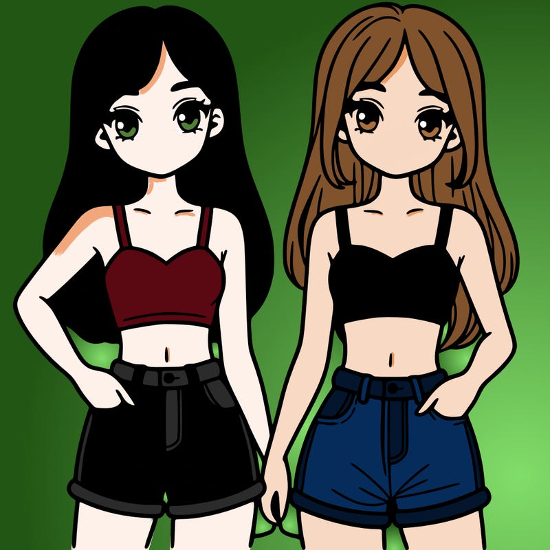 two sisters with crop tops and jean shorts and straight hair