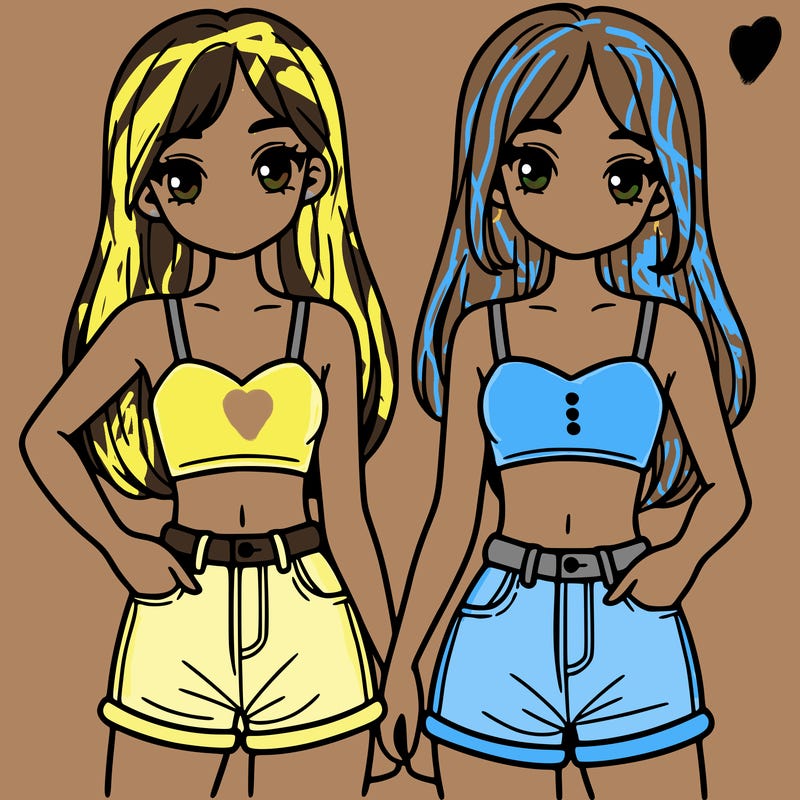 two sisters with crop tops and jean shorts and straight hair