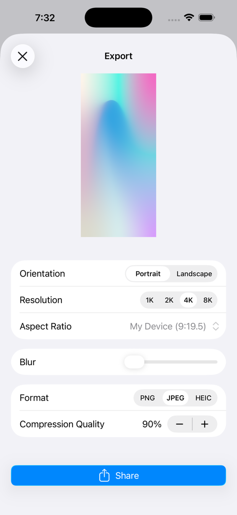 Interface of the Mesh Gradient app export screen showing 8K resolution and file format options
