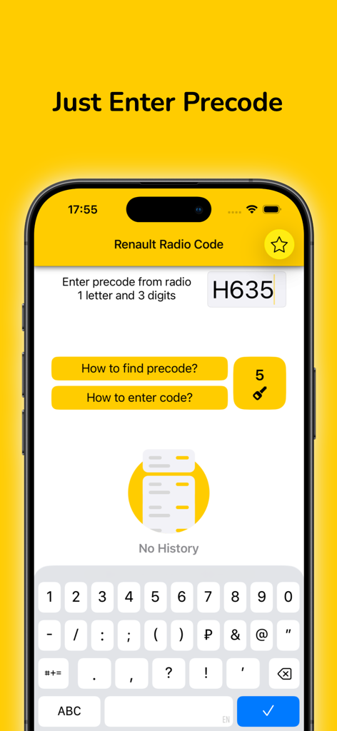 Radio Code for Renault Stereo - Screenshot of the Renault Radio Code app interface for entering a radio precode