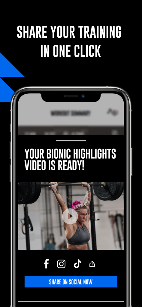 A mobile phone screen showing WODProof's Bionic Highlights video ready for social media sharing.