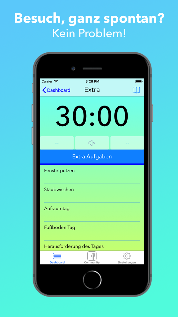 Putzalarm! Haus- & Putzplan - A mobile app screenshot showing a 30-minute cleaning timer and a list of household tasks like window cleaning and dusting.