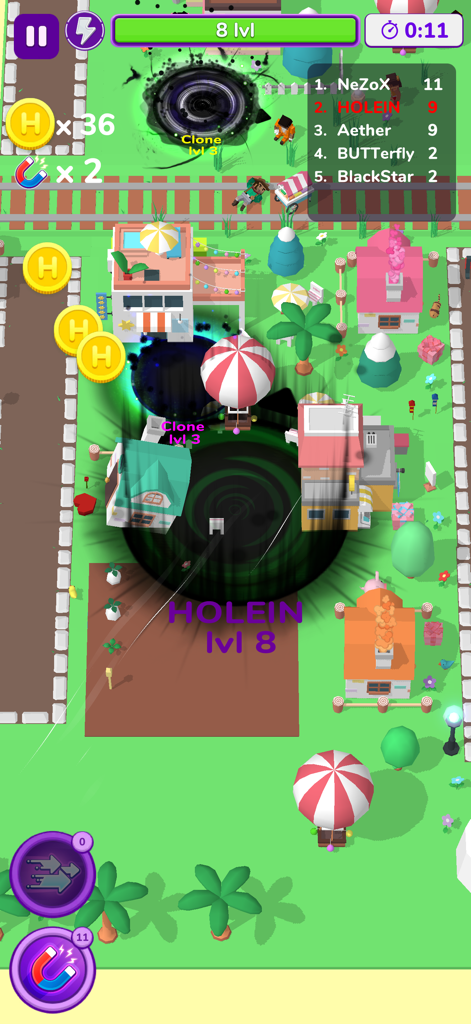 Holein. hole io blackhole game - Gameplay of Holein showing a large black hole swallowing buildings in a 3D city.