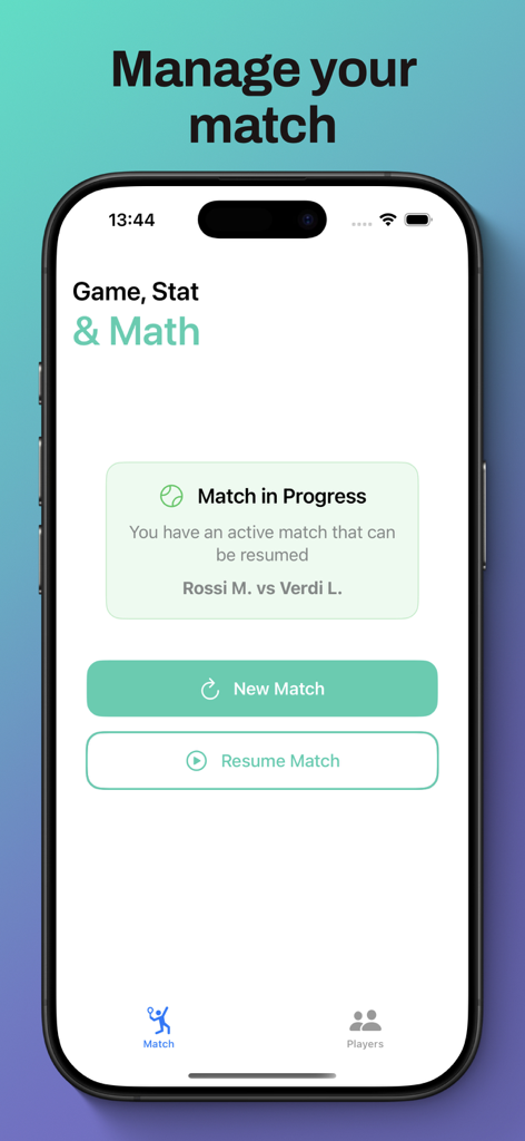 Pantalla de la aplicación GameStat y Math que muestra opciones para iniciar o reanudar un partido de tenis
