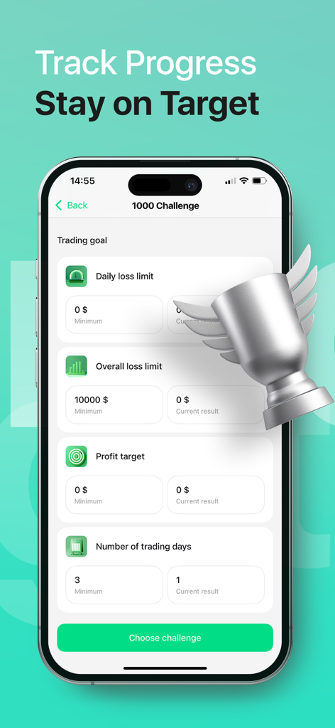 Interface do aplicativo TEFS mostrando metas de trading e acompanhamento de progresso para um desafio de cripto