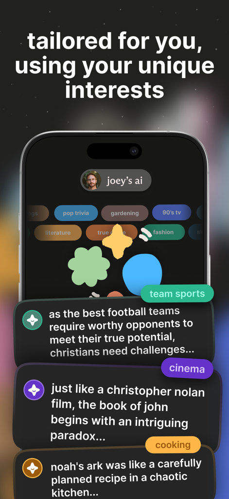 bible.ai - Chat about Anything - Pantalla móvil de bible.ai mostrando ideas escriturales adaptadas a los intereses del usuario como cine deportivo y cocina