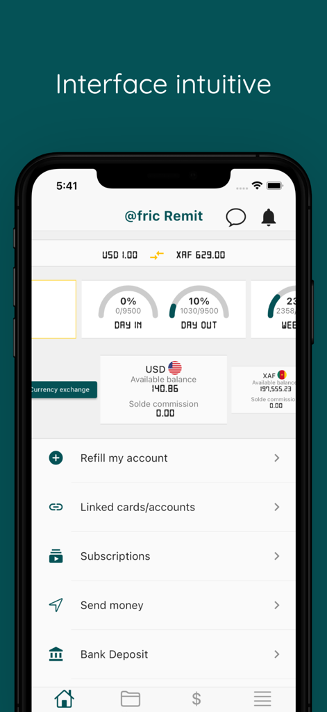 @fric Remit (ex BJFT Wallet) - The main dashboard interface of the afric Remit app showing balances in USD and XAF and menu options like send money and refill account