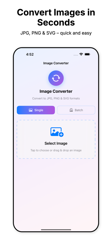 Image Converter – JPG PNG SVG - Interface do aplicativo Image Converter mostrando o botão de selecionar imagem e opções de conversão única ou em lote