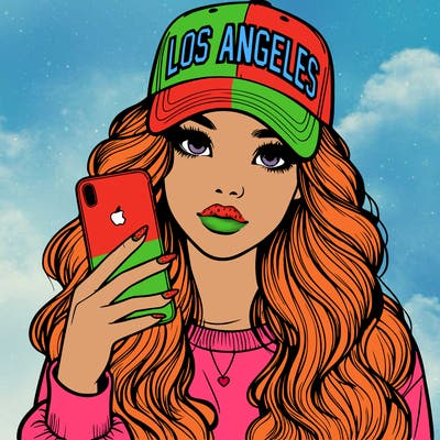 realistic beautiful girl wearing los ángeles cap holding an iphone