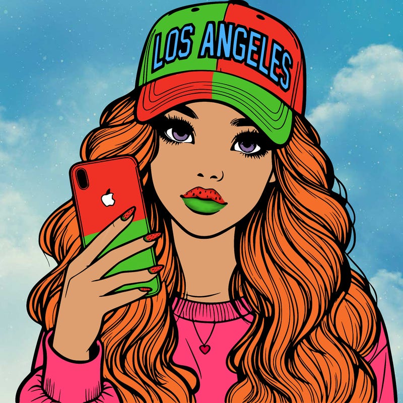 realistic beautiful girl wearing los ángeles cap holding an iphone