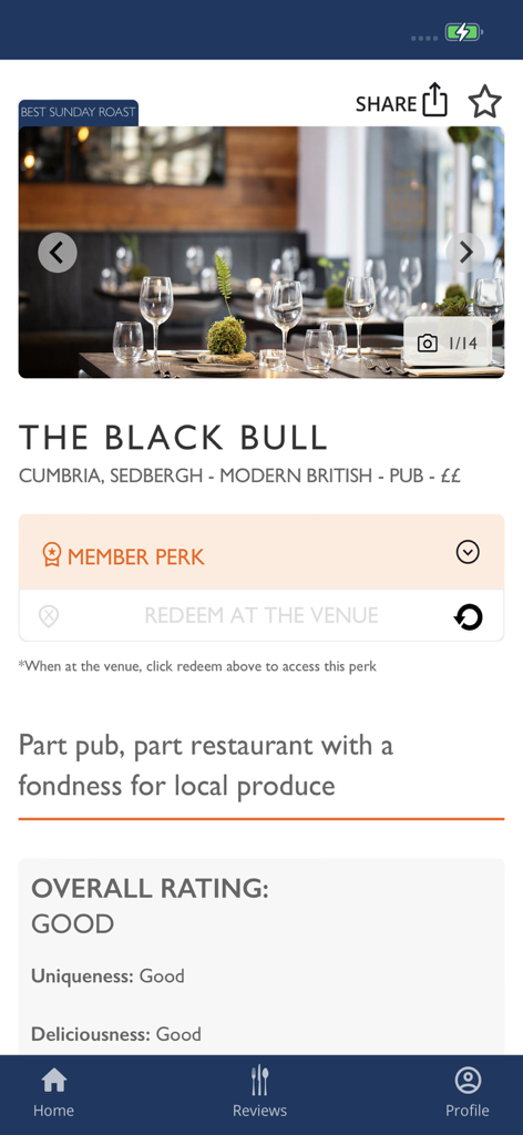 Good Food Guide - The Black Bull restaurant review screen with rating and member perks.