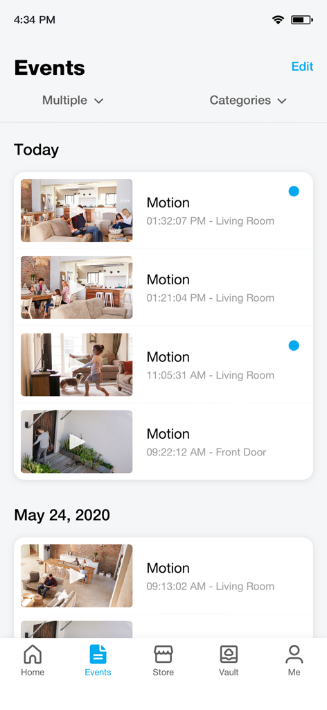 Liste des événements de détection de mouvement sur l'application de sécurité domestique intelligente Zmodo