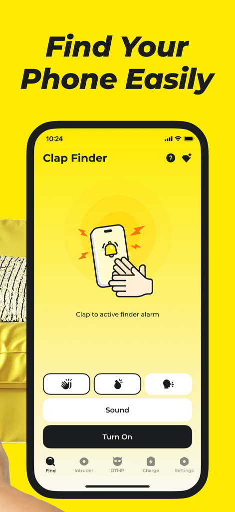 Interface of the Clap Finder app showing buttons for clap whistle and voice activation to find a lost phone