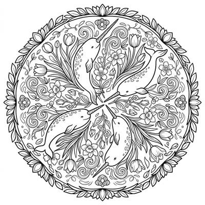 Discover the magic of the 'unicorn of the sea' with this beautiful narwhal mandala coloring page, brimming with delightful spring blossoms. Perfect for a calming creative session, this design combines oceanic wonder with floral elegance.