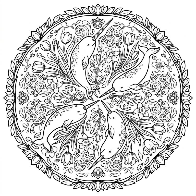 Discover the magic of the 'unicorn of the sea' with this beautiful narwhal mandala coloring page, brimming with delightful spring blossoms. Perfect for a calming creative session, this design combines oceanic wonder with floral elegance.
