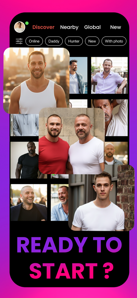 Mr X 게이 데이팅 앱의 발견 화면으로 다양한 남성들의 프로필 사진과 Daddy, Hunter와 같은 검색 필터가 표시됩니다.