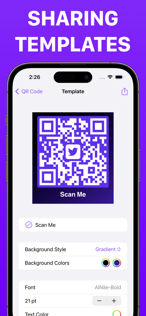 QR Code Generator - QRKit - Interface of QRKit app showing a customizable sharing template for a branded QR code