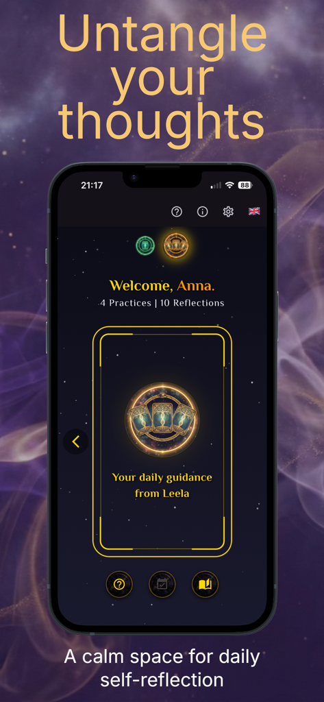 LeelaClue: Mindfulness - LeelaClue app interface showing the daily guidance ritual and welcome screen for mental clarity