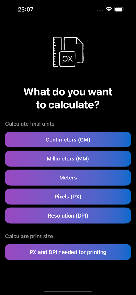 PixCalc - Main screen of the PixCalc app showing options to calculate pixels centimeters millimeters meters and resolution