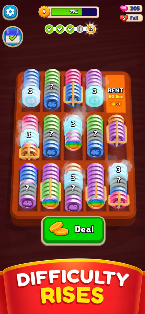 Gameplay screenshot of Pocket Sort Coin Merge Puzzle showing colorful coin stacks on a tray with a Difficulty Rises banner