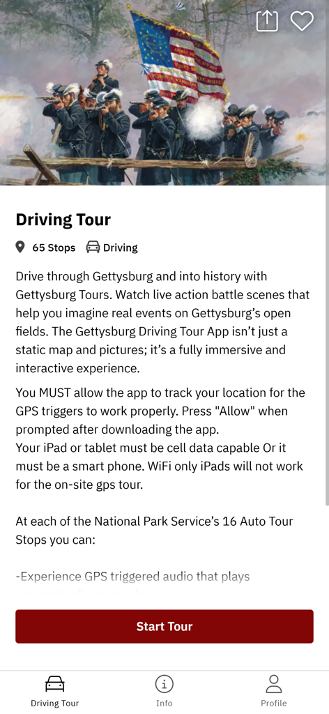 Main interface of the Gettysburg Driving Tour app featuring a Civil War battle painting and start tour button