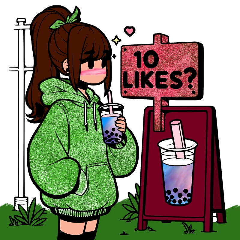 girl with oversized hoodie drinking boba and she has a high ponytail with a sign that says 10likes?