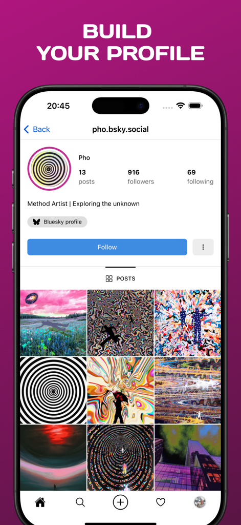 A user profile interface in the Pinksky app for Bluesky showing an artist bio and a grid of colorful artistic photos.