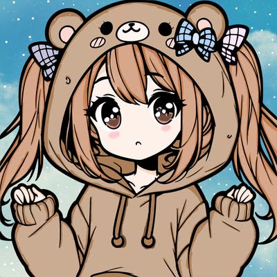 cute anime girl with ponytails and a cute bear hoodie