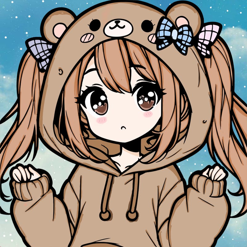 cute anime girl with ponytails and a cute bear hoodie