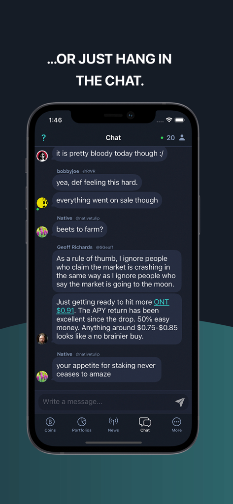 LiveCoinWatch app community chat screen showing cryptocurrency discussions