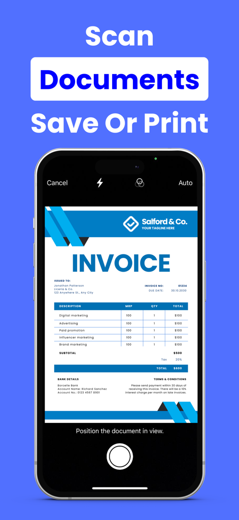 Printer App Smart Printer・ - Smartphone screen using a mobile app to scan a business invoice for saving or printing