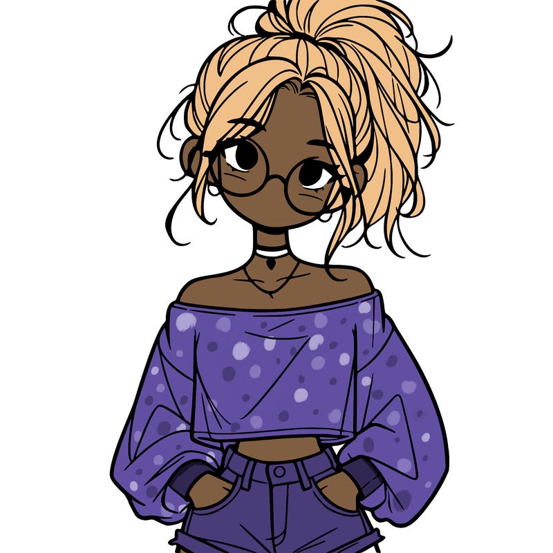 girl with a messy ponytail glasses a baggy crop top and jean shorts