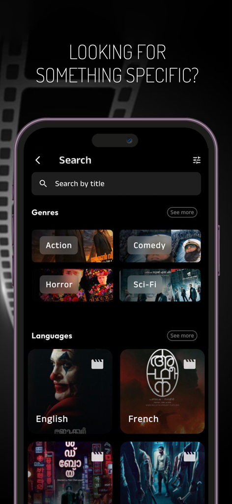 Msone - Search screen of Msone app with genre and language categories for Malayalam subtitles