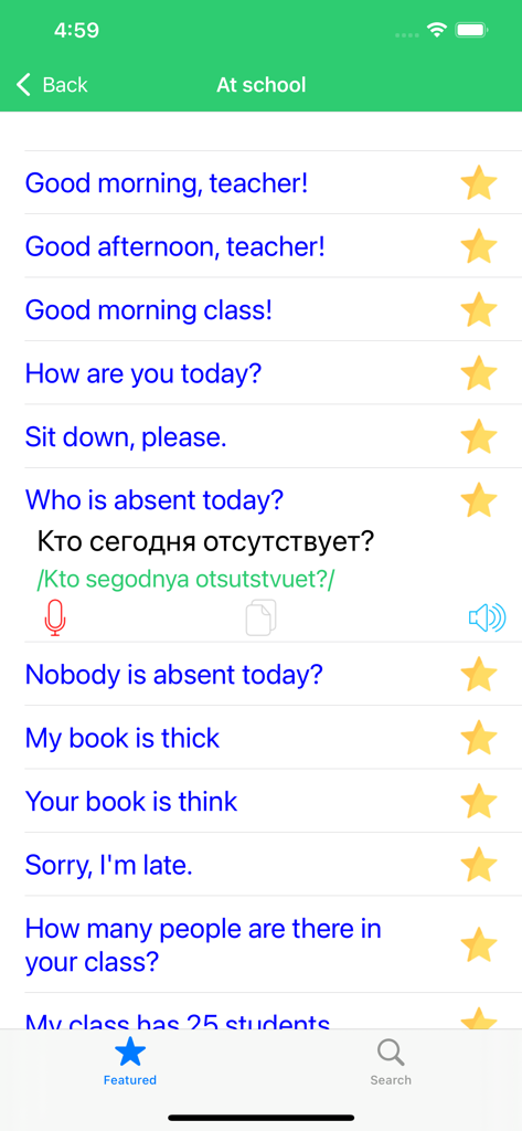 Learn Russian Premium - Captura de pantalla de la aplicación Aprende Ruso Premium mostrando frases relacionadas con la escuela con traducciones al ruso y herramientas de pronunciación