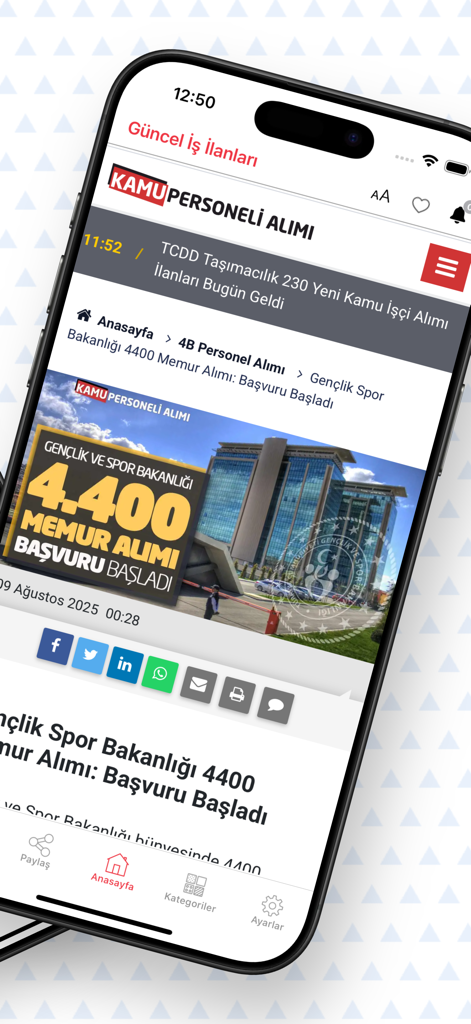 Kamu Personeli Alımı - 터키 공무원 4400명 채용 공고를 보여주는 Kamu Personeli Alimi 앱의 인터페이스