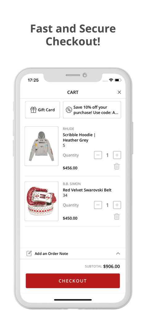 Capsule Clothing Store app cart interface showing high-end streetwear items and a secure checkout button