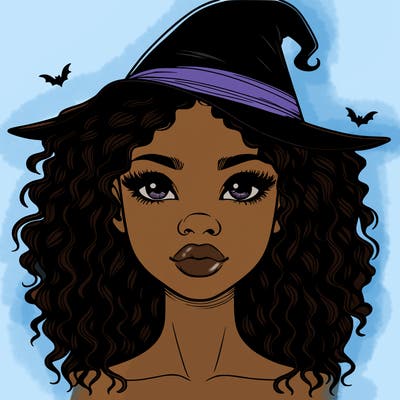realistic black girl with wavy hair and witch hat and nose and lips