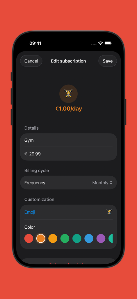 Mobile app interface showing the subscription editing screen with monthly cost reframed into a daily expense for a gym membership