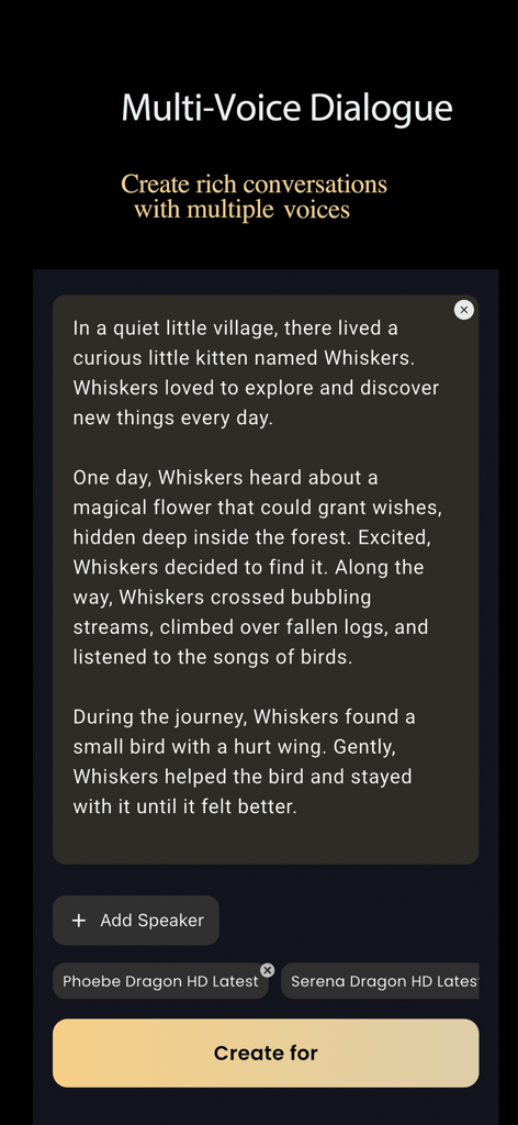 Interface showing the Multi-Voice Dialogue feature for creating AI conversations with multiple voices in the EchoVoice app.