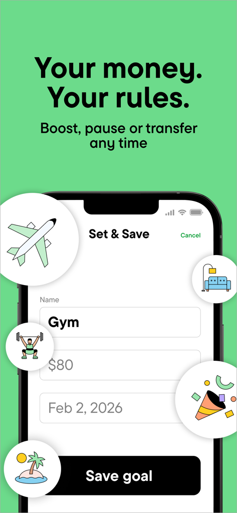 Oportun app interface for setting personalized savings goals with icons for travel and home.